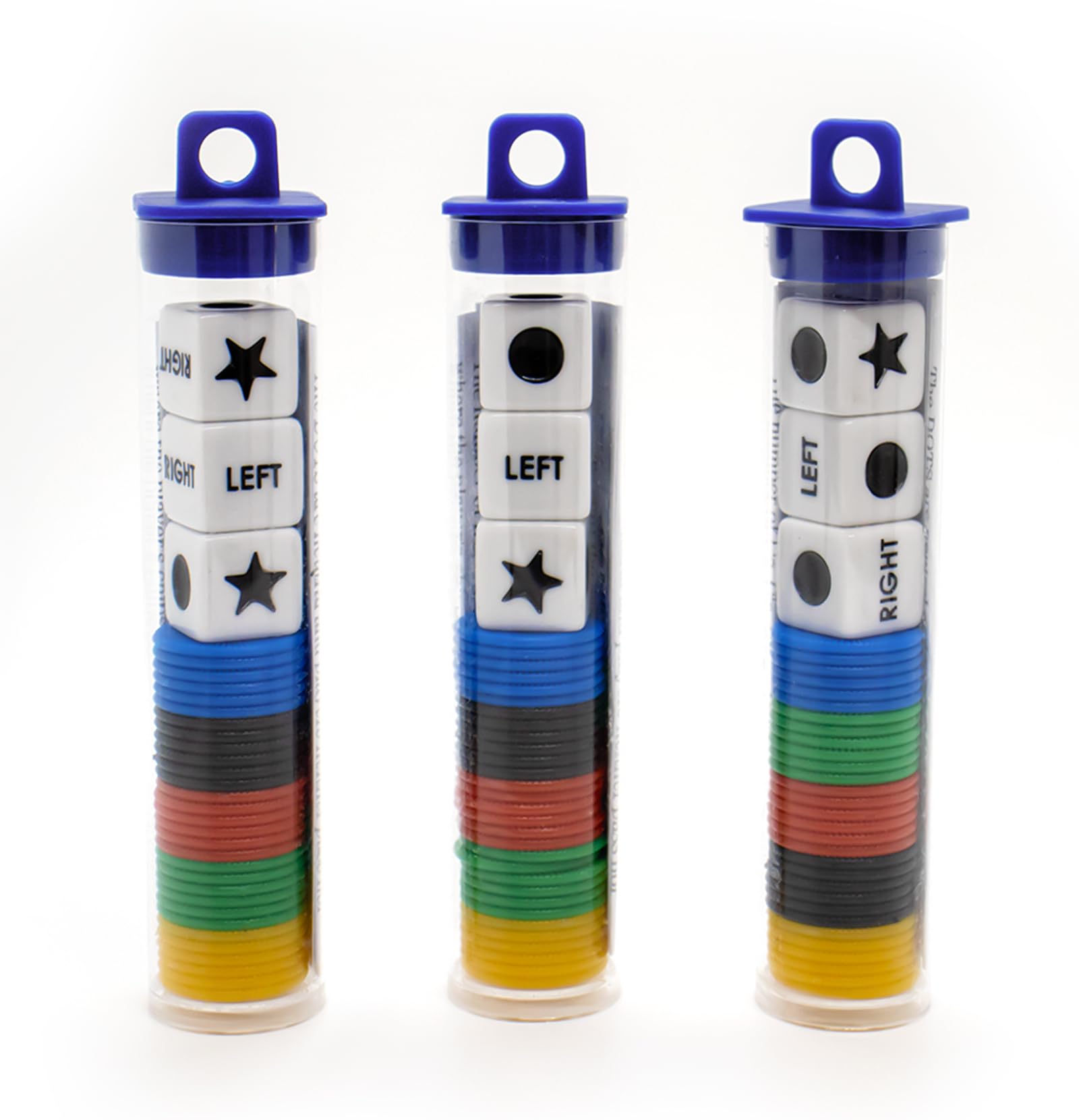 Buffsiss Left Right Center dice set in a blue tube for portable family game nights.