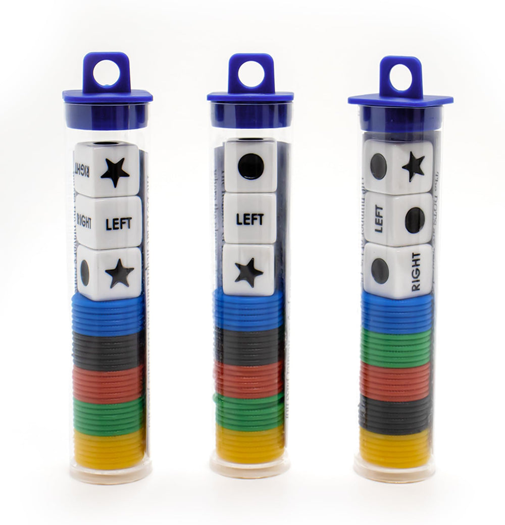 Buffsiss Left Right Center dice set in a blue tube for portable family game nights.