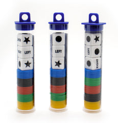 Buffsiss Left Right Center dice set in a blue tube for portable family game nights.