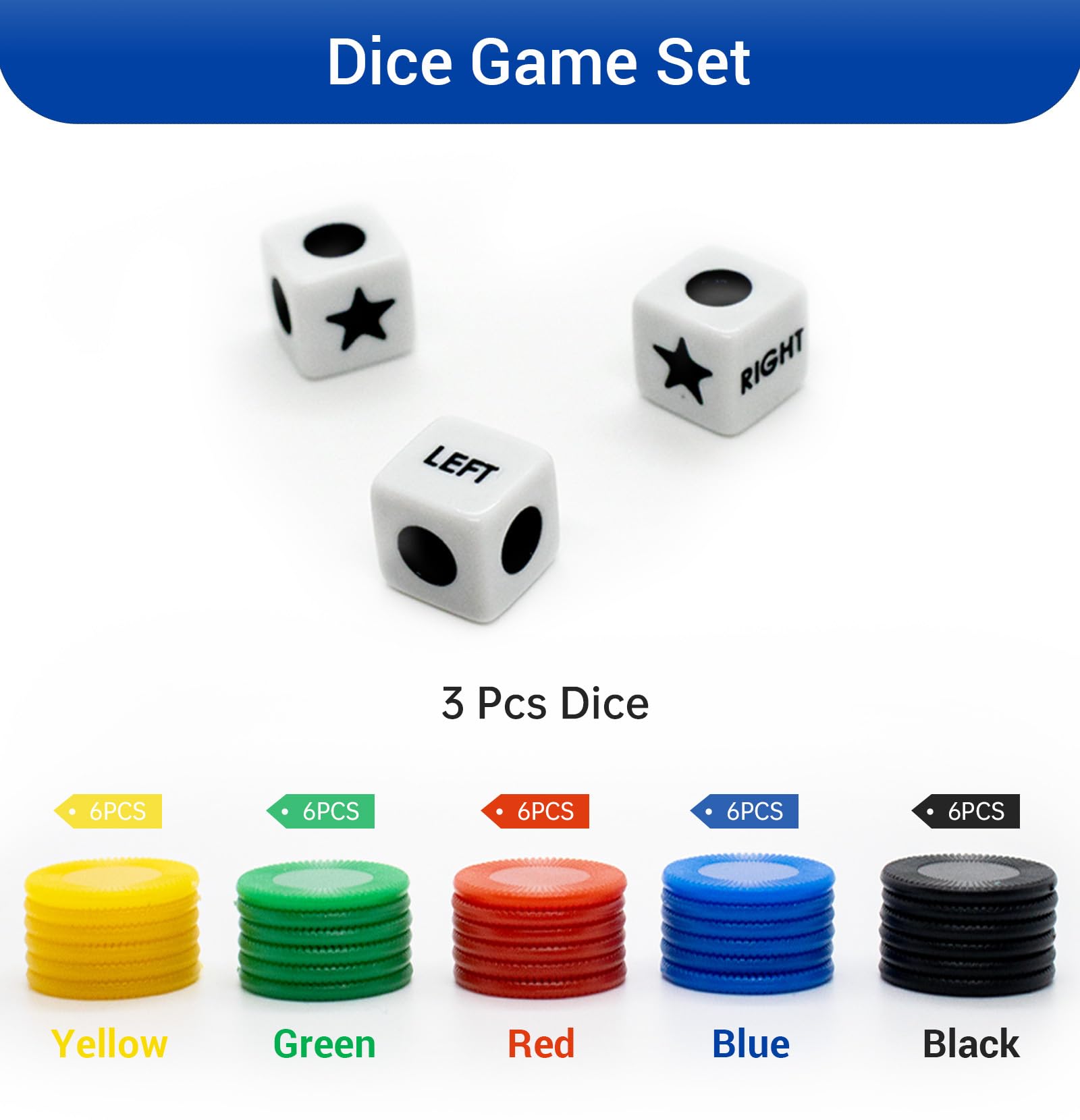 Buffsiss Left Right Center dice set in a red tube for durable, lively gatherings.