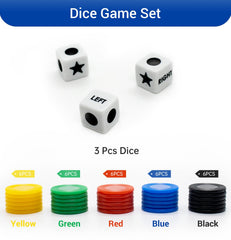 Buffsiss Left Right Center dice set in a red tube for durable, lively gatherings.