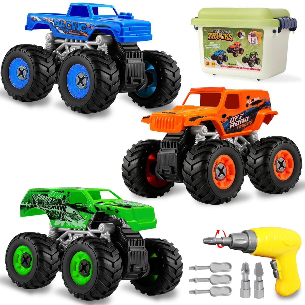 Bugrtarey take apart monster truck set with three trucks for creative STEM play
