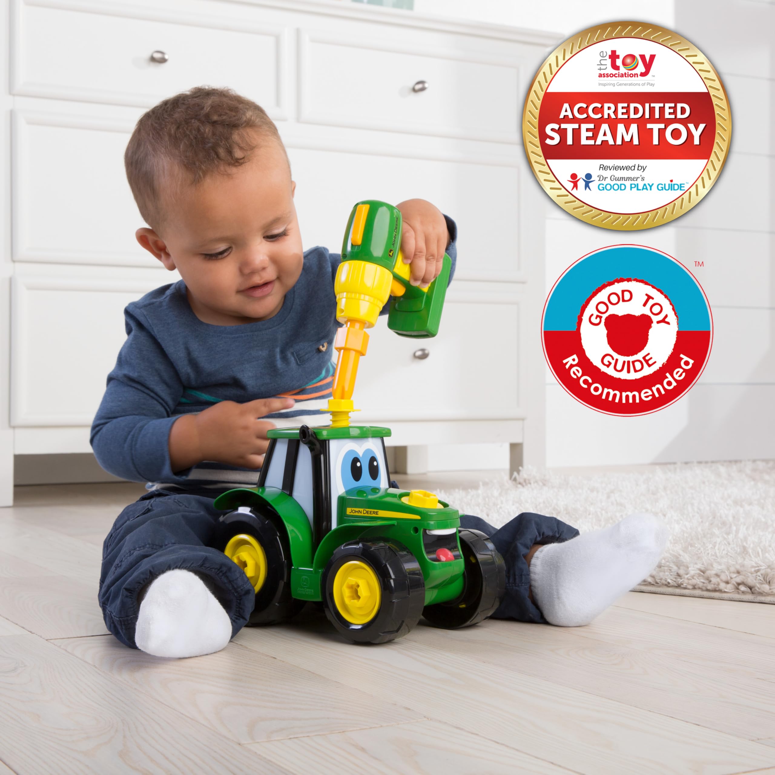 BUILD-A-BUDDY John Deere Tractor 16-piece set boosts fine motor practice.