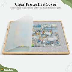BuilderButler protective transparent cover shields puzzles from spills and pets.