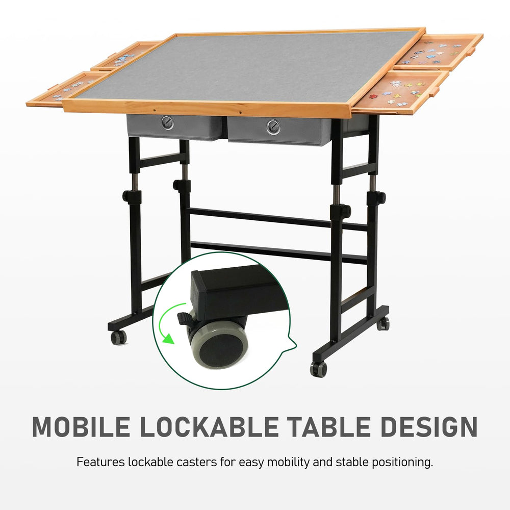 BuilderButler puzzle table shows four wooden drawers and two fabric drawers for organized pieces.