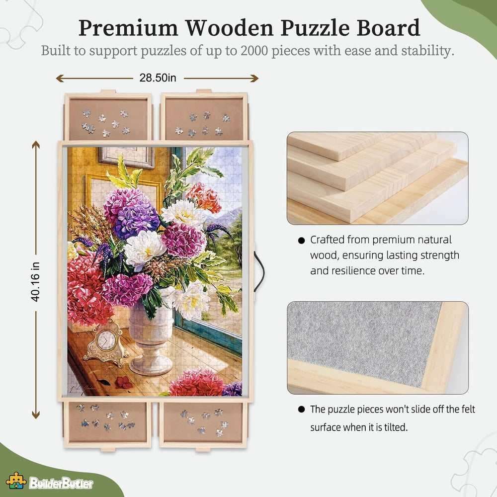BuilderButler tilting puzzle board angle for ergonomic puzzling and better posture.