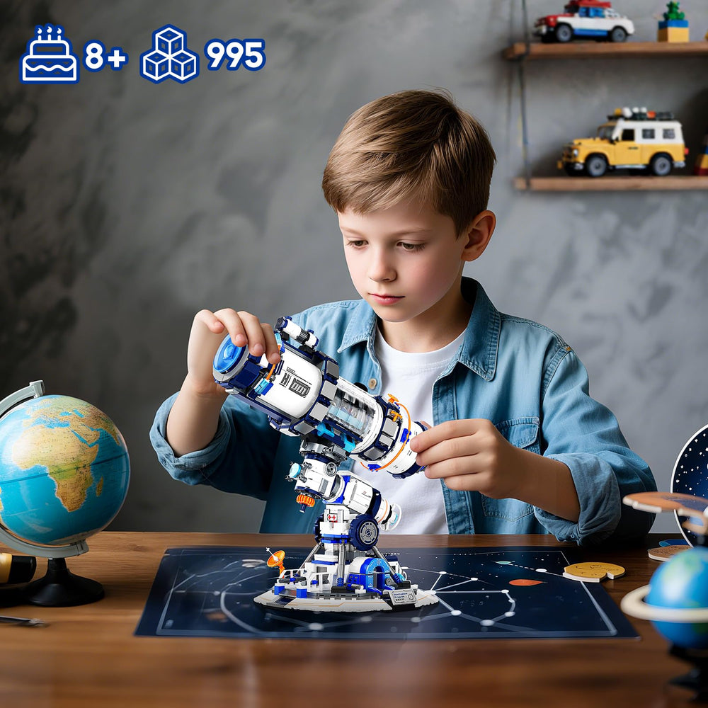 Buildify Space Telescope Building Set rotating blue-light lens enhances curiosity.