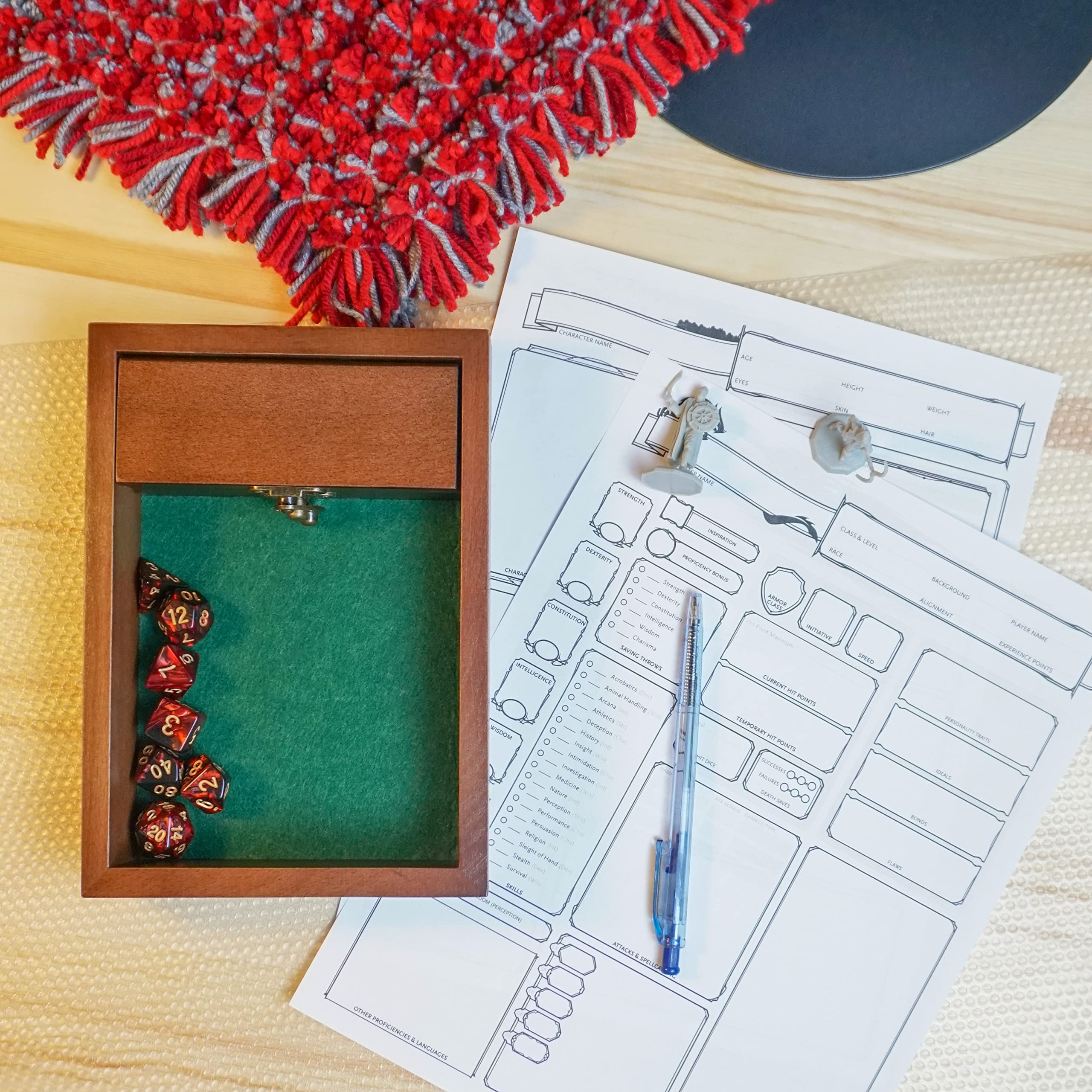 Wooden D&D Dice Tray built-in dice storage vault holds extra dice securely.