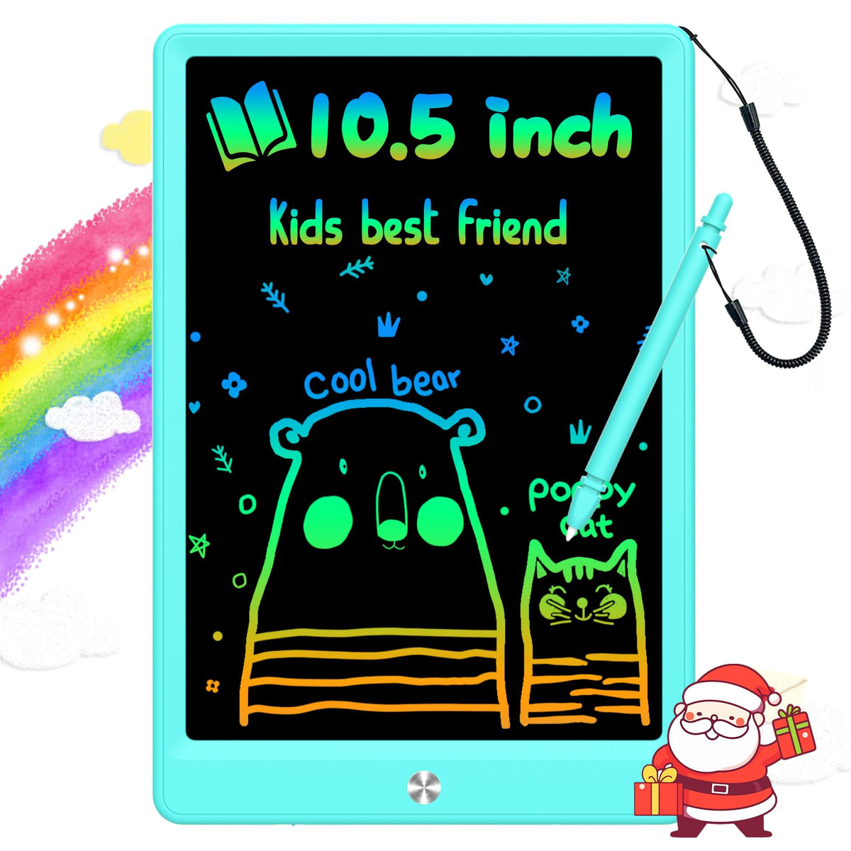 BUKEBU LCD writing tablet front view with colorful lines for kids drawing.