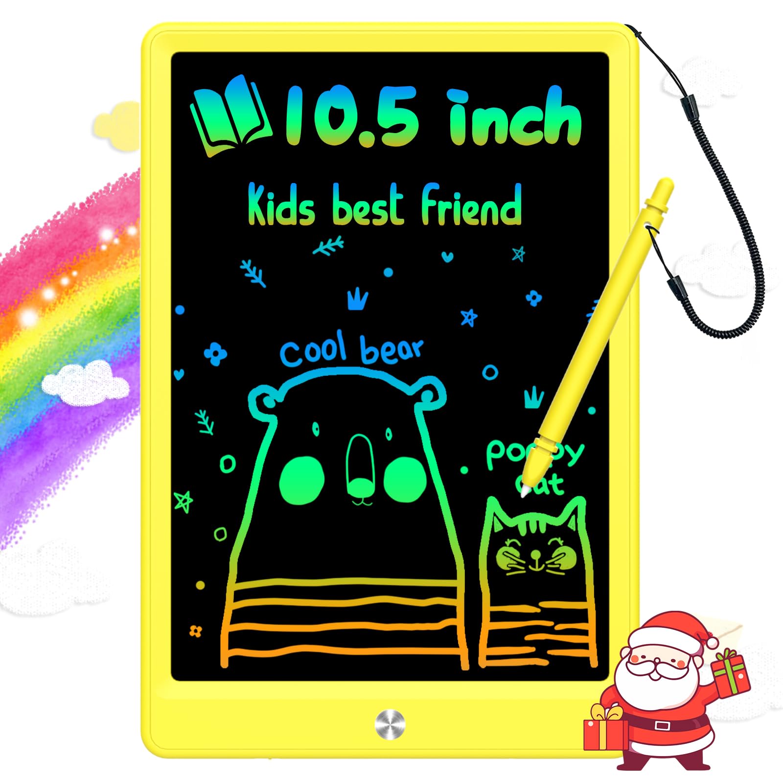 BUKEBU LCD writing tablet front view with colorful doodles for kids on the go.