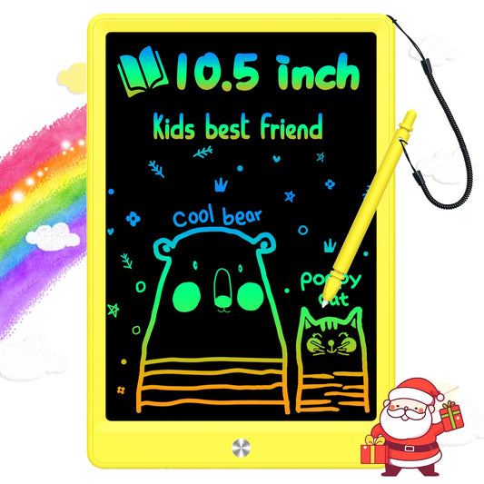 BUKEBU LCD writing tablet front view with colorful doodles for kids on the go.