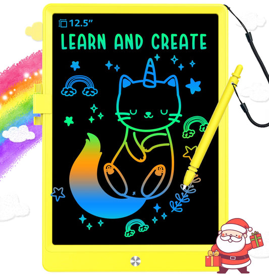 BUKEBU LCD writing tablet 12.5-inch yellow front view for kid-friendly drawing.