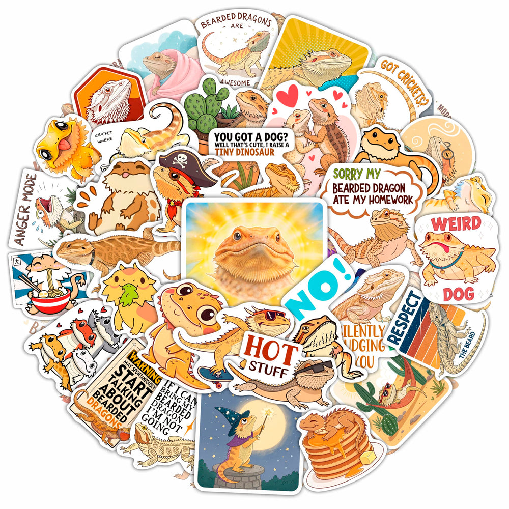 BulbaCraft Bearded Dragon stickers on a water bottle, waterproof and durable for daily use