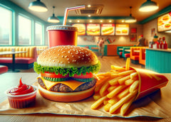 Bullglesup 1000-piece hamburger puzzle image with poster, vibrant colors for display.