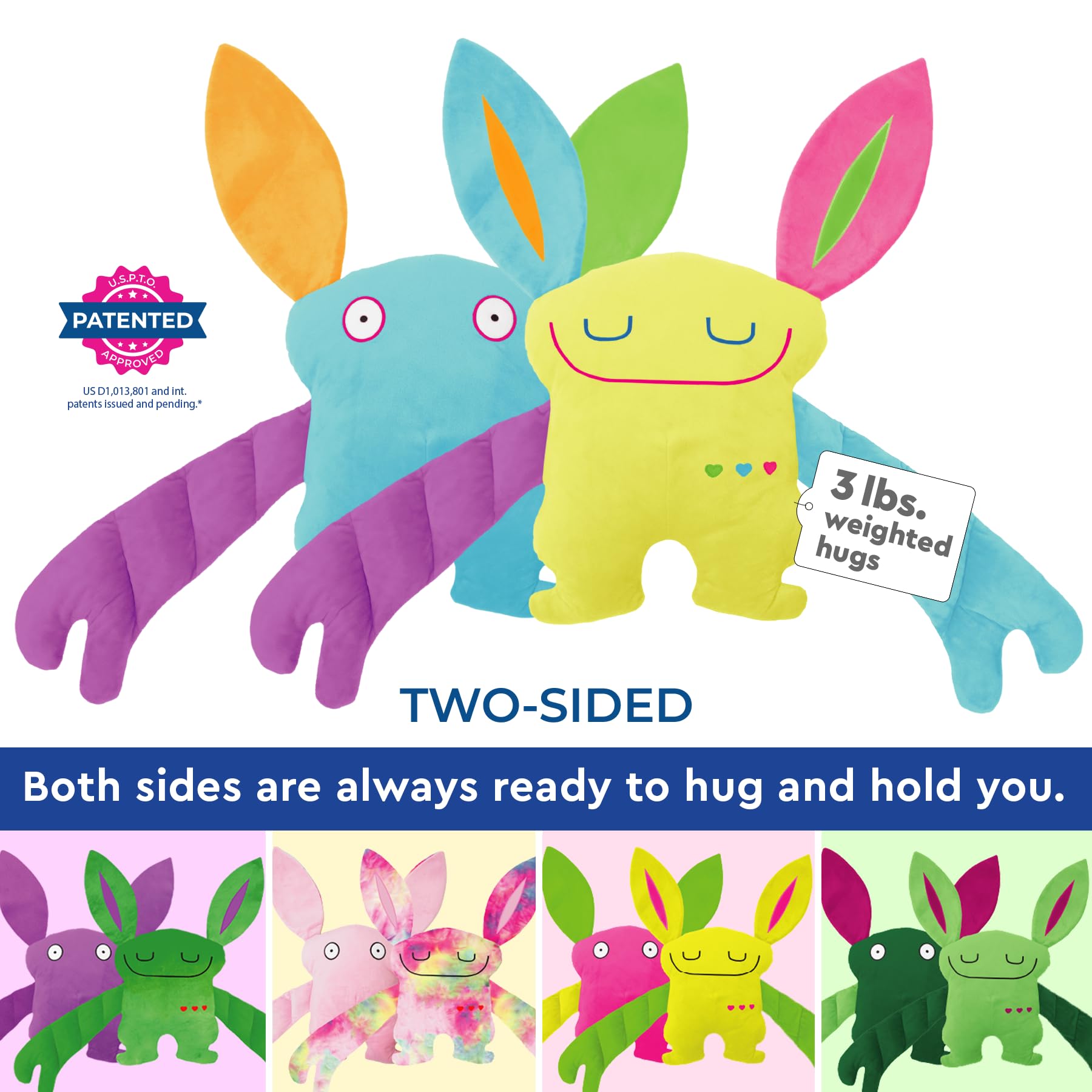 Bumpas weighted plush toy arms and body, enhances comforting snuggle during naps.