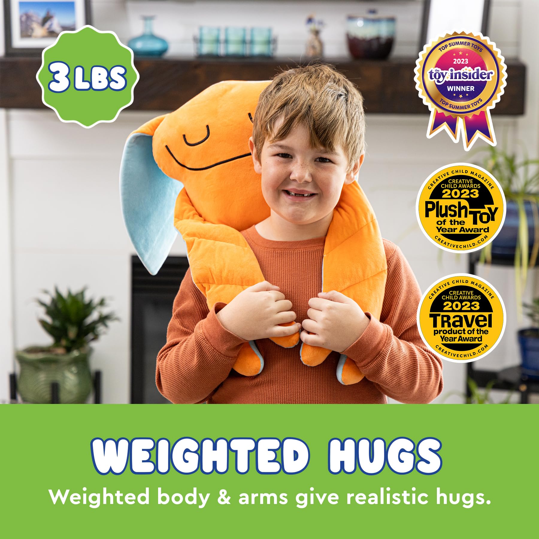 Bumpas weighted plush toy in a hugging pose invites comforting snuggles during playtime.