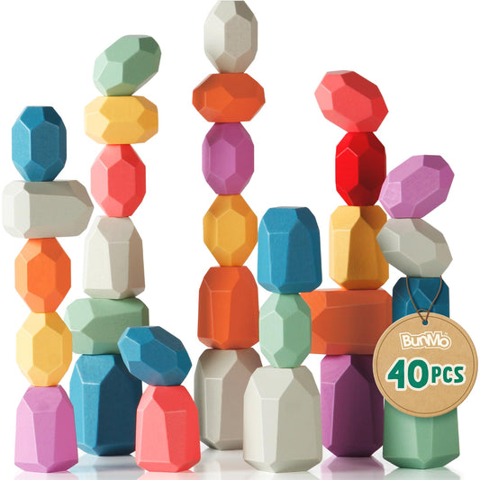 BUNMO 40pcs wooden stacking blocks form colorful towers for toddlers' creative play.