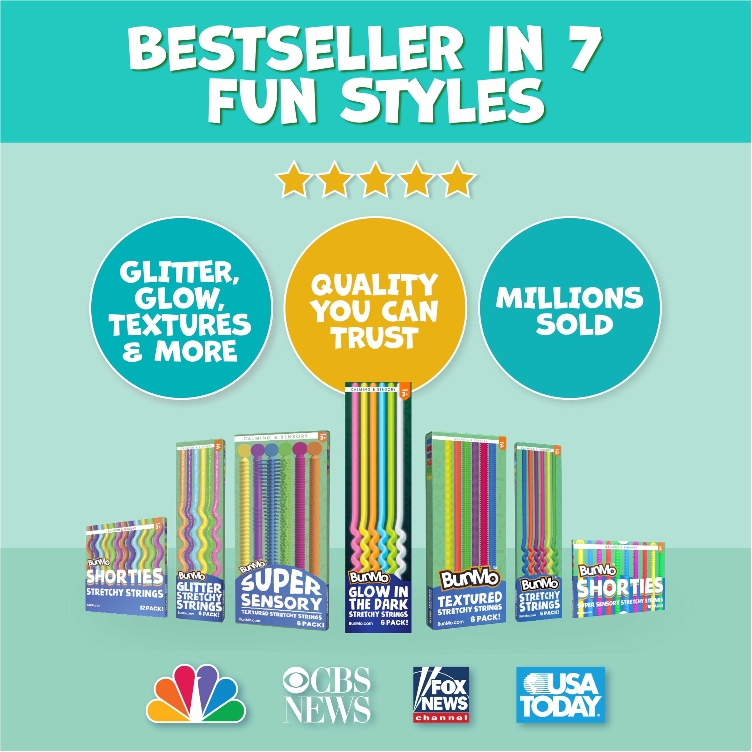 BUNMO stretchable strings extend over two feet for versatile play.