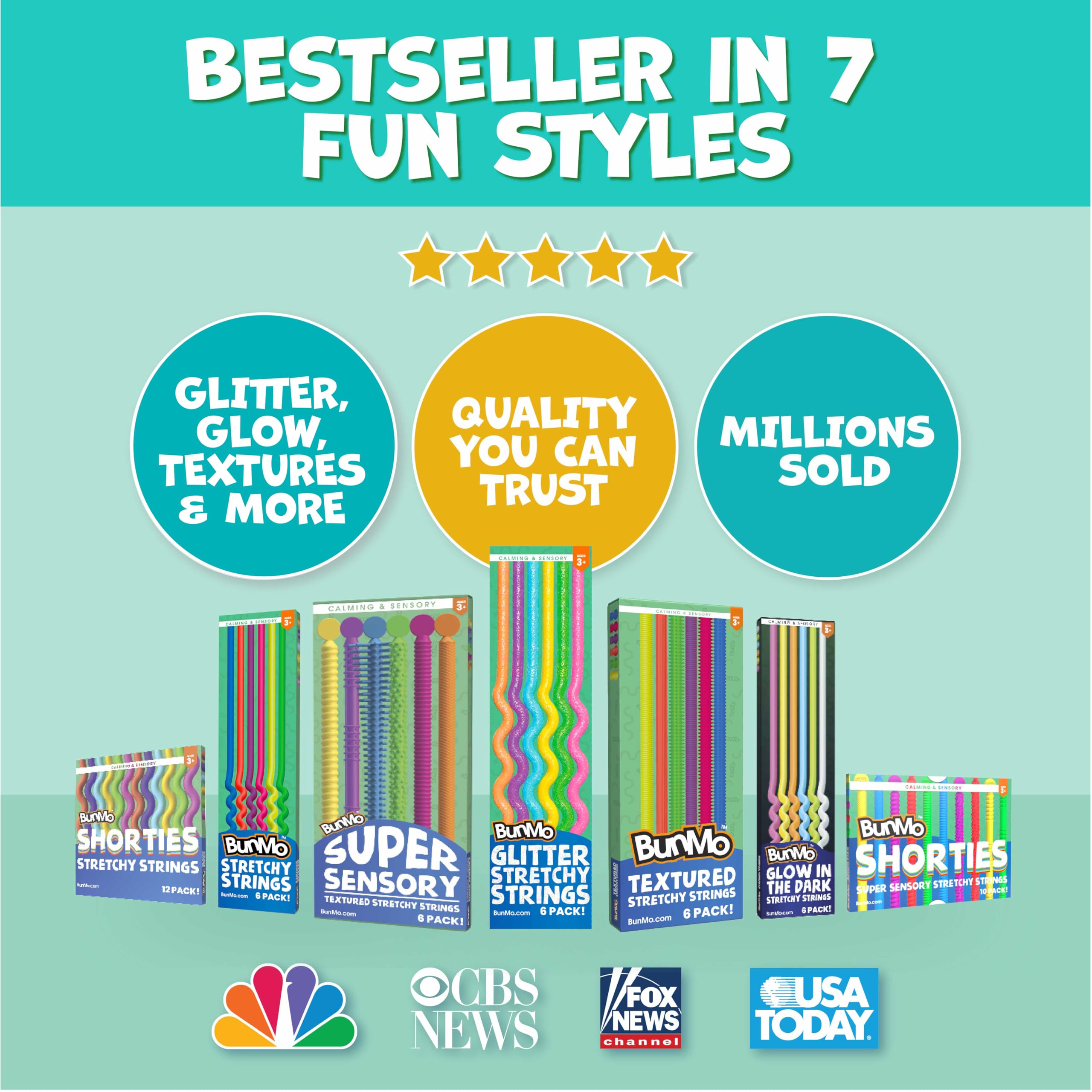 BUNMO six-pack glitter strings BPA-free and trusted quality.