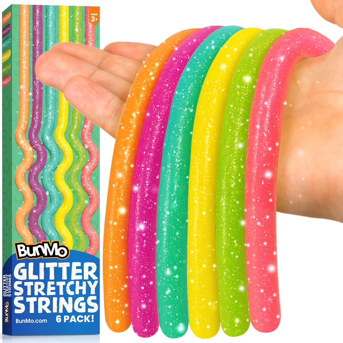 BUNMO glitter stretchy strings for calm sensory play and focus.