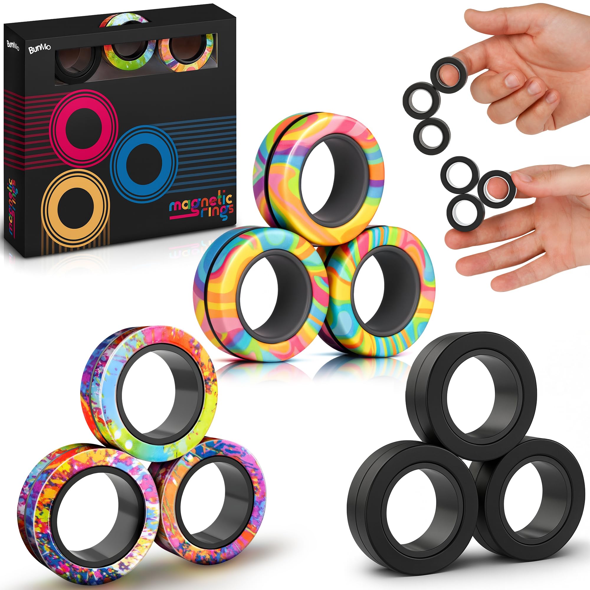 BUNMO magnetic fidget rings 9-pack in black and rainbow for focused play and stress relief.
