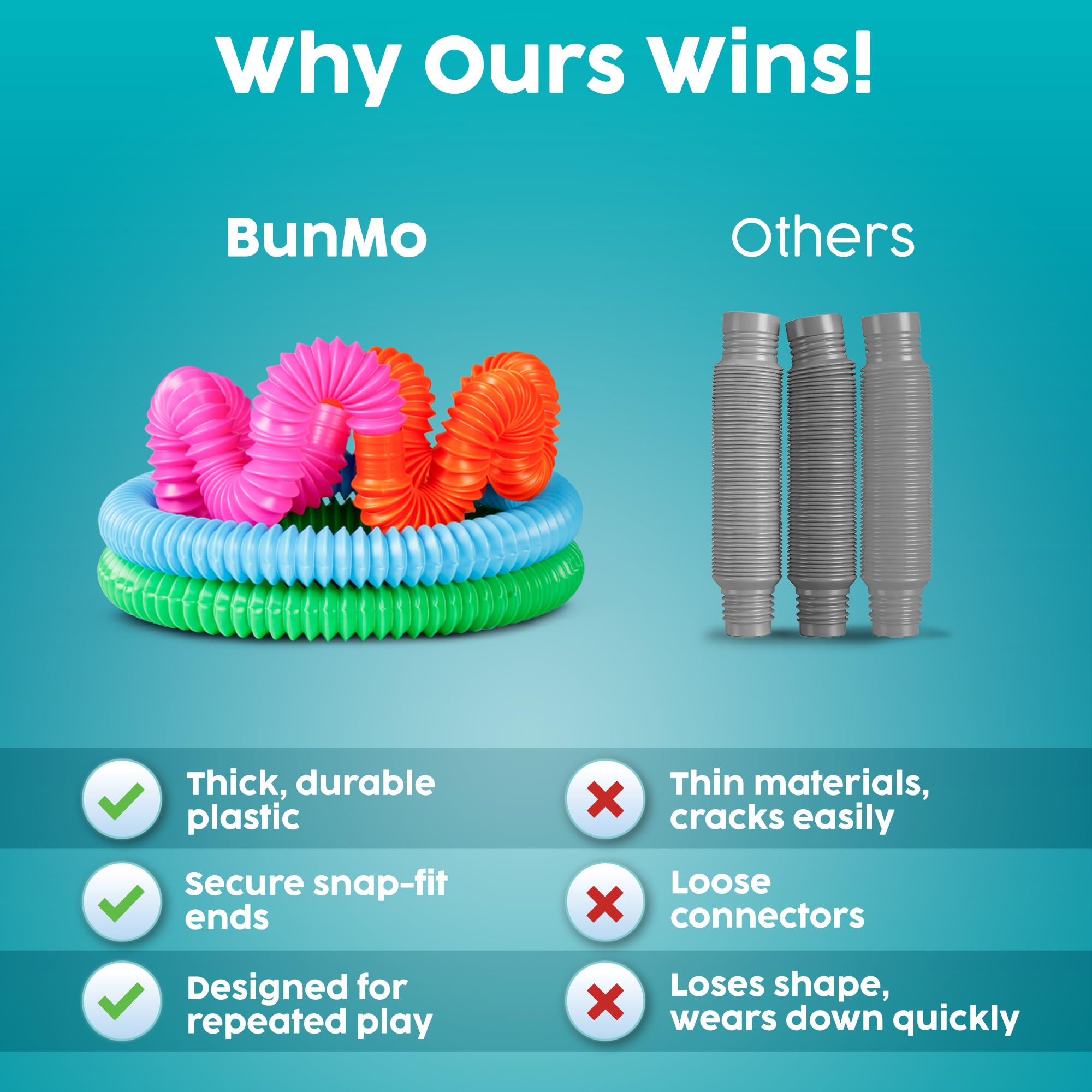 BUNMO Pop Tubes durable BPA-free plastic withstands active play.