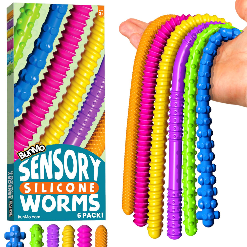 BunMo silicone stretchy strings worm red ribbed texture for tactile play and focus