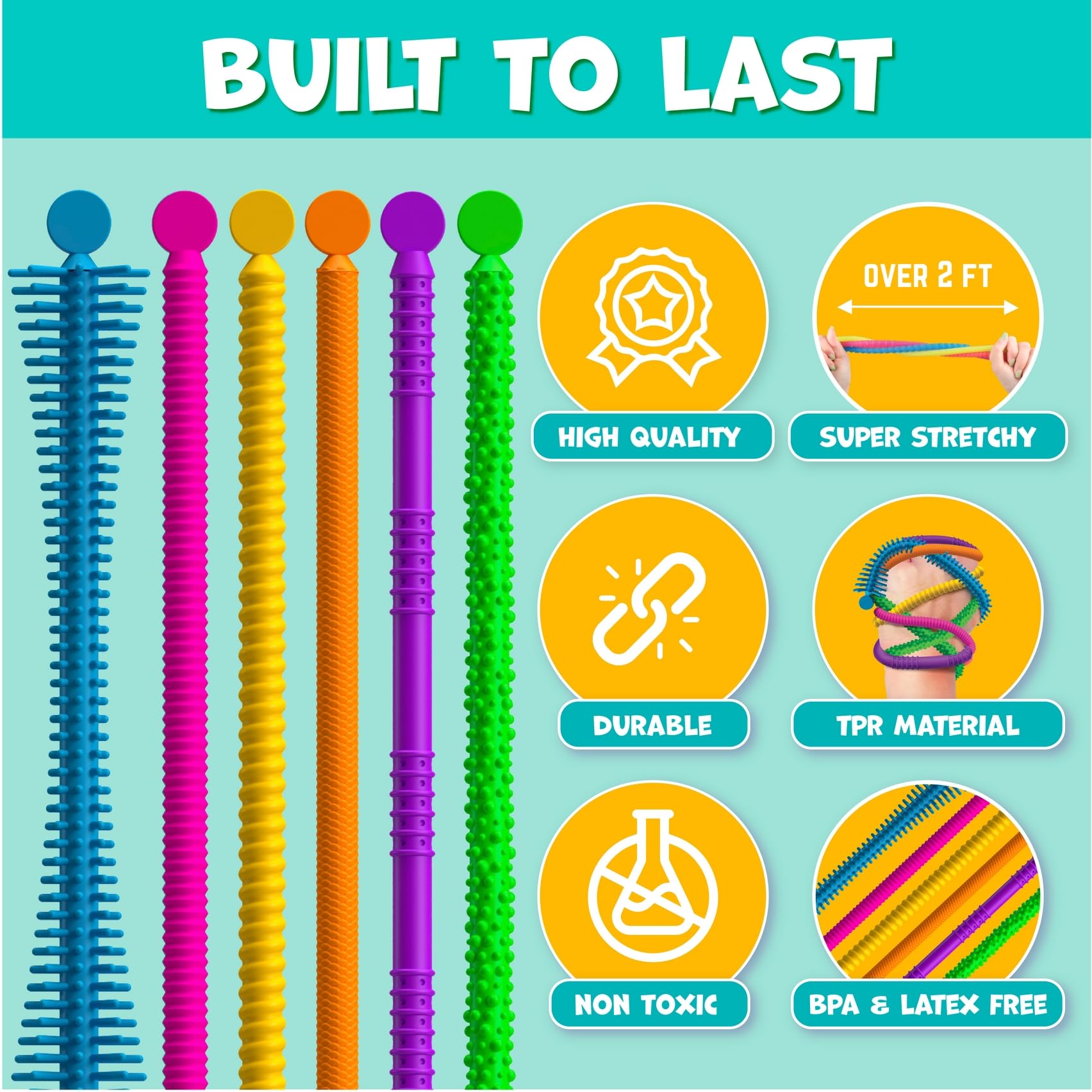 Colorful, durable strings ideal for portable sensory play at home or on the move.