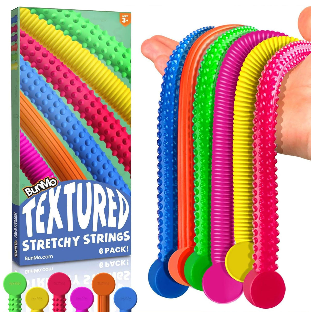 BUNMO Stretchy Strings textured six-pack for tactile exploration and quiet focus.