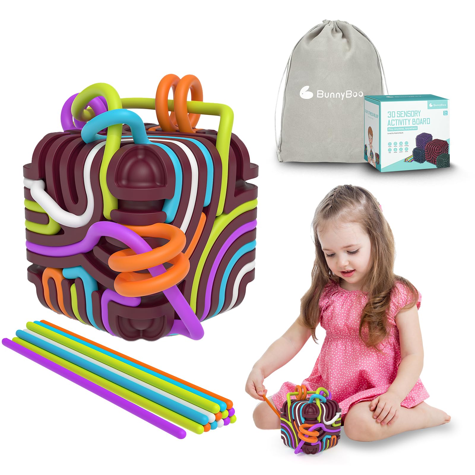 BunnyBoo Sensory Activity Board front view of the 3D cube for focus