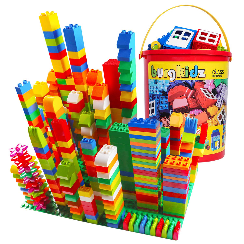 burgkidz 214-piece blocks close-up showing storage bucket for easy cleanup and transport