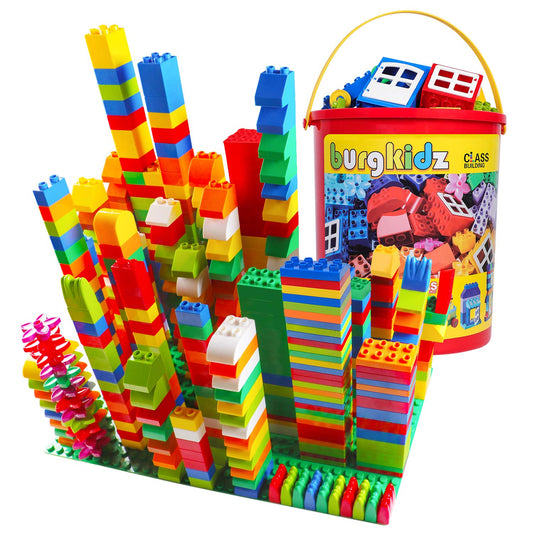 burgkidz 214-piece blocks close-up showing storage bucket for easy cleanup and transport
