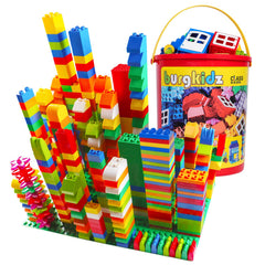 burgkidz 214-piece blocks close-up showing storage bucket for easy cleanup and transport