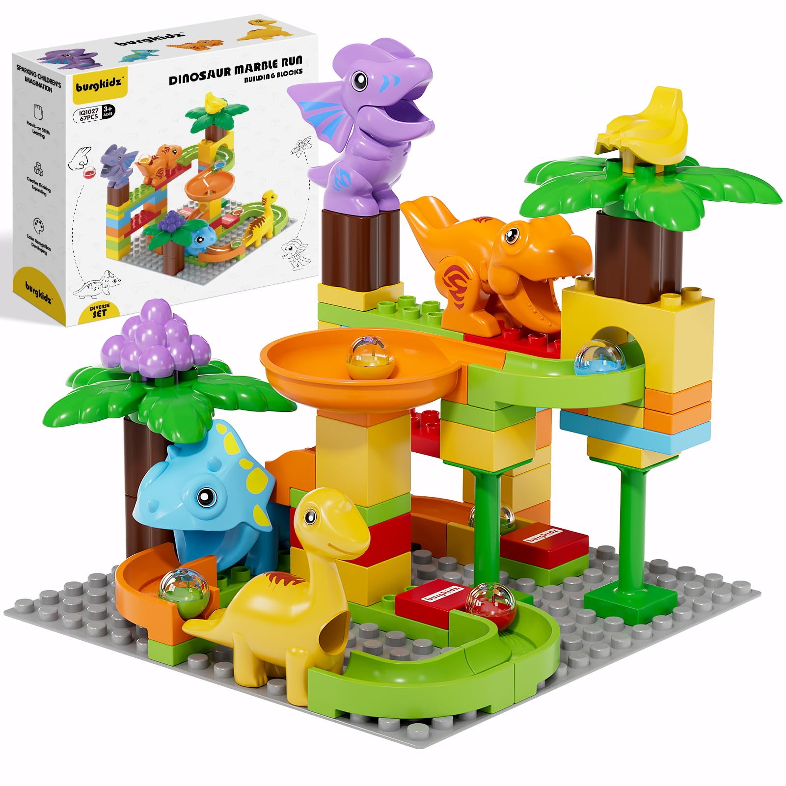 Burgkidz dinosaur marble run pieces for imaginative play and STEM exploration.