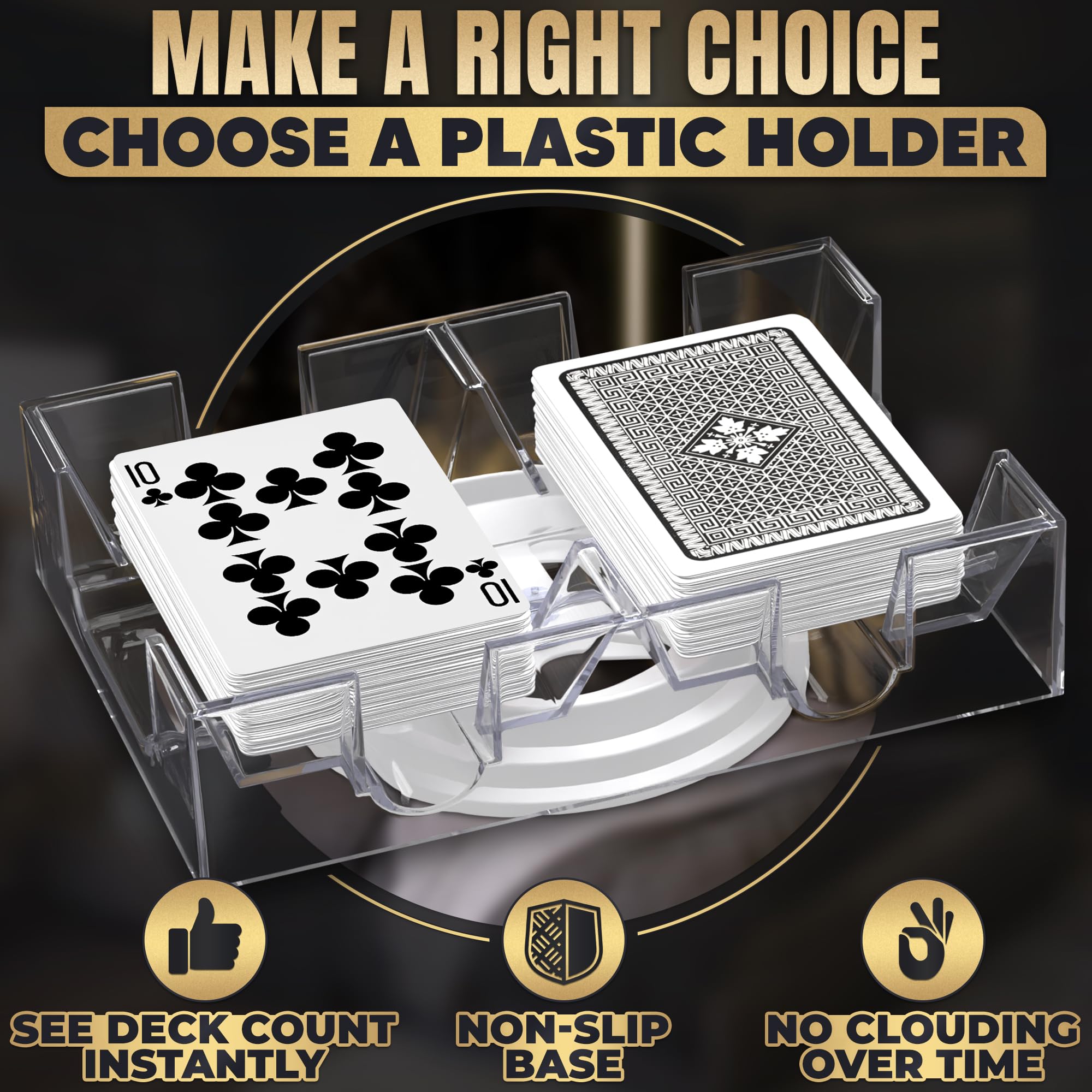 Burious clear acrylic card holder offering unobstructed visibility of two decks.