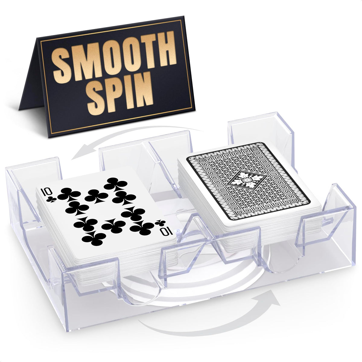 Burious dual-deck rotating card holder with 360-degree access for quick draws in poker and bridge.