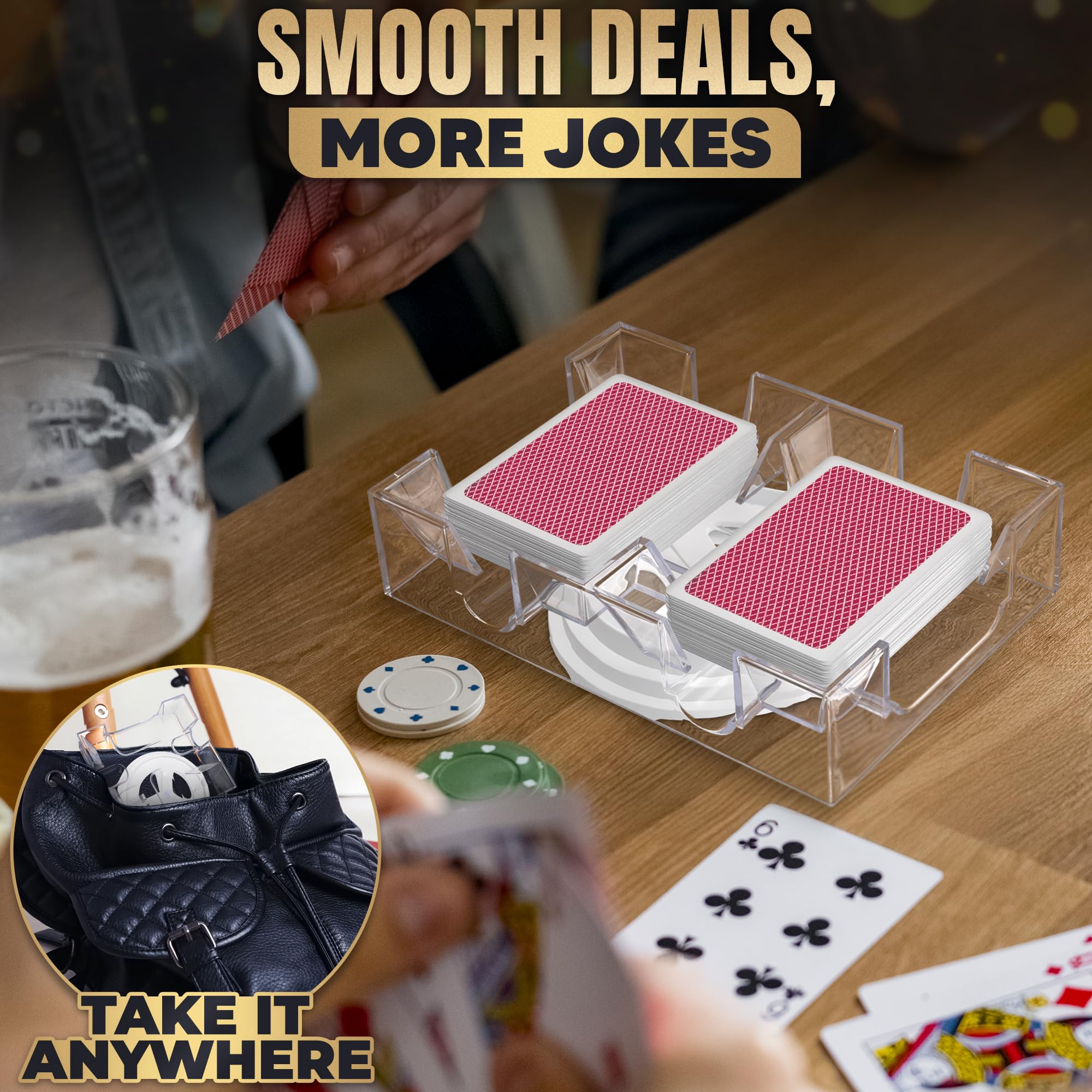 Burious shuffler-friendly card holder compatible with shufflers and boxes.