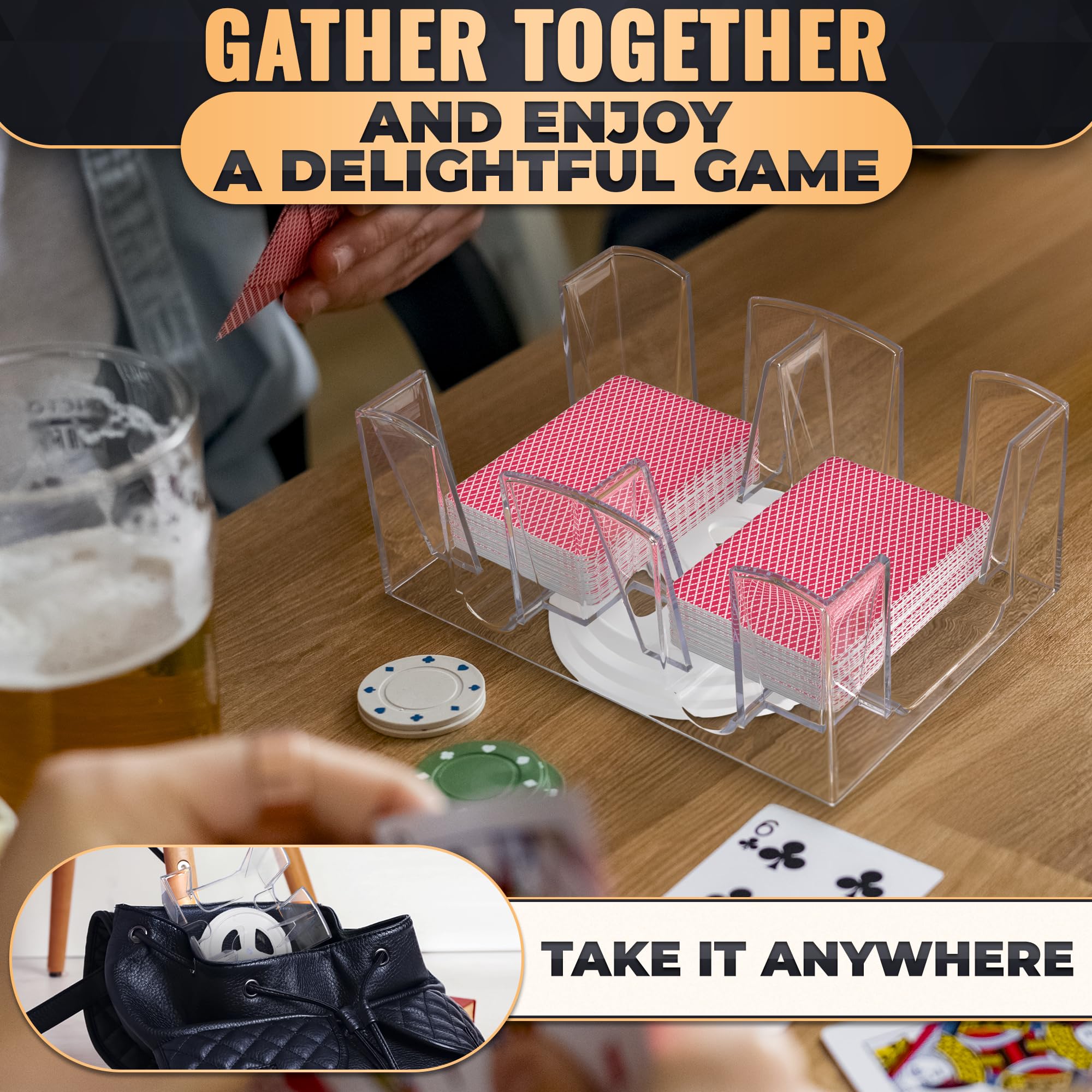 BURIUS 360-degree deck holder keeps cards organized during play.