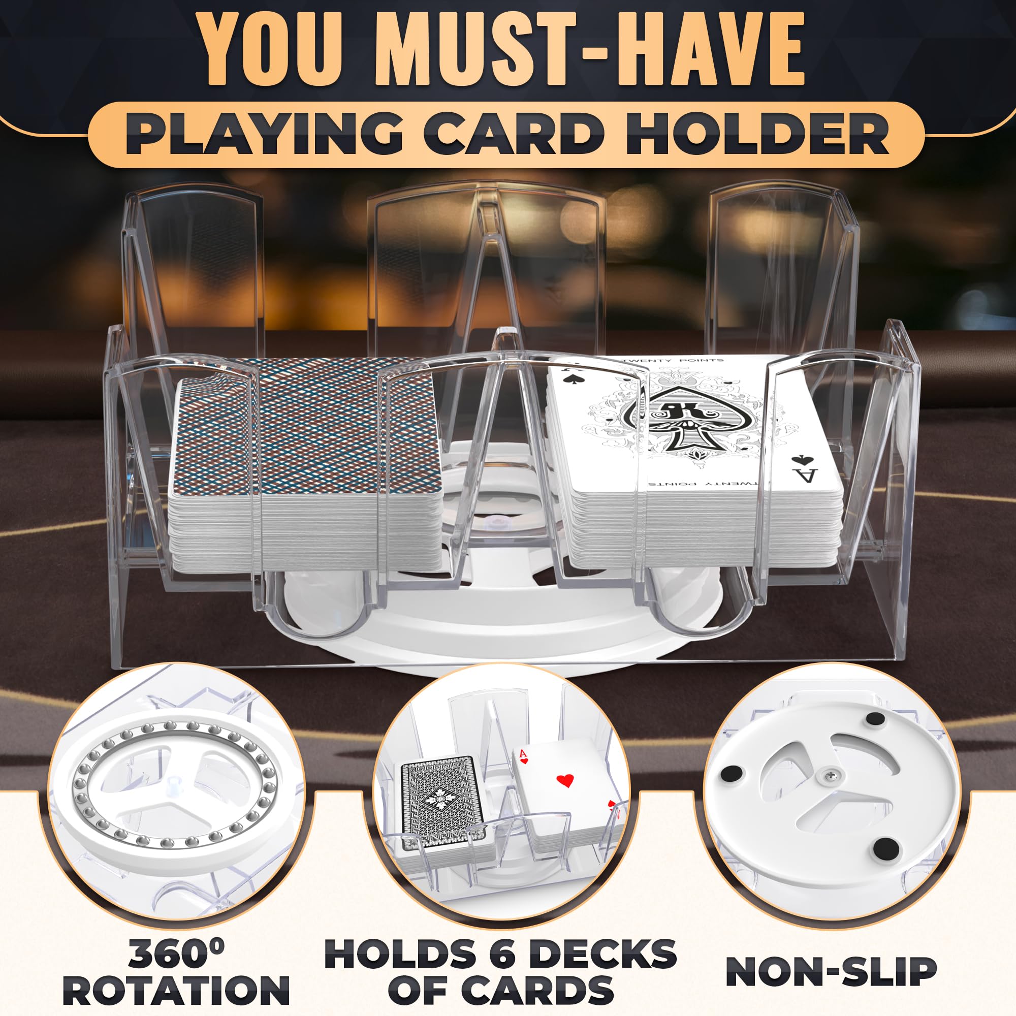 BURIUS poker card holder compact design fits on small tables.