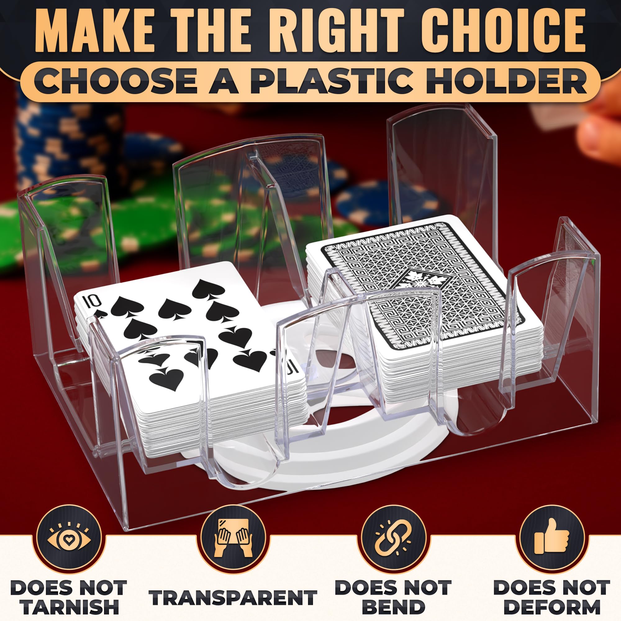 BURIUS six-deck capacity slot supports multi-deck canasta and poker games.