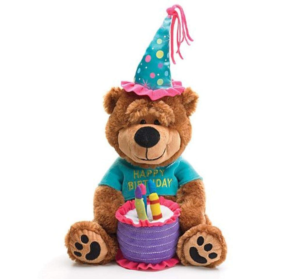 Burton adorable birthday teddy bear with cake plays Happy Birthday to You for festive fun.