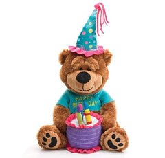 Burton adorable birthday teddy bear with cake plays Happy Birthday to You for festive fun.
