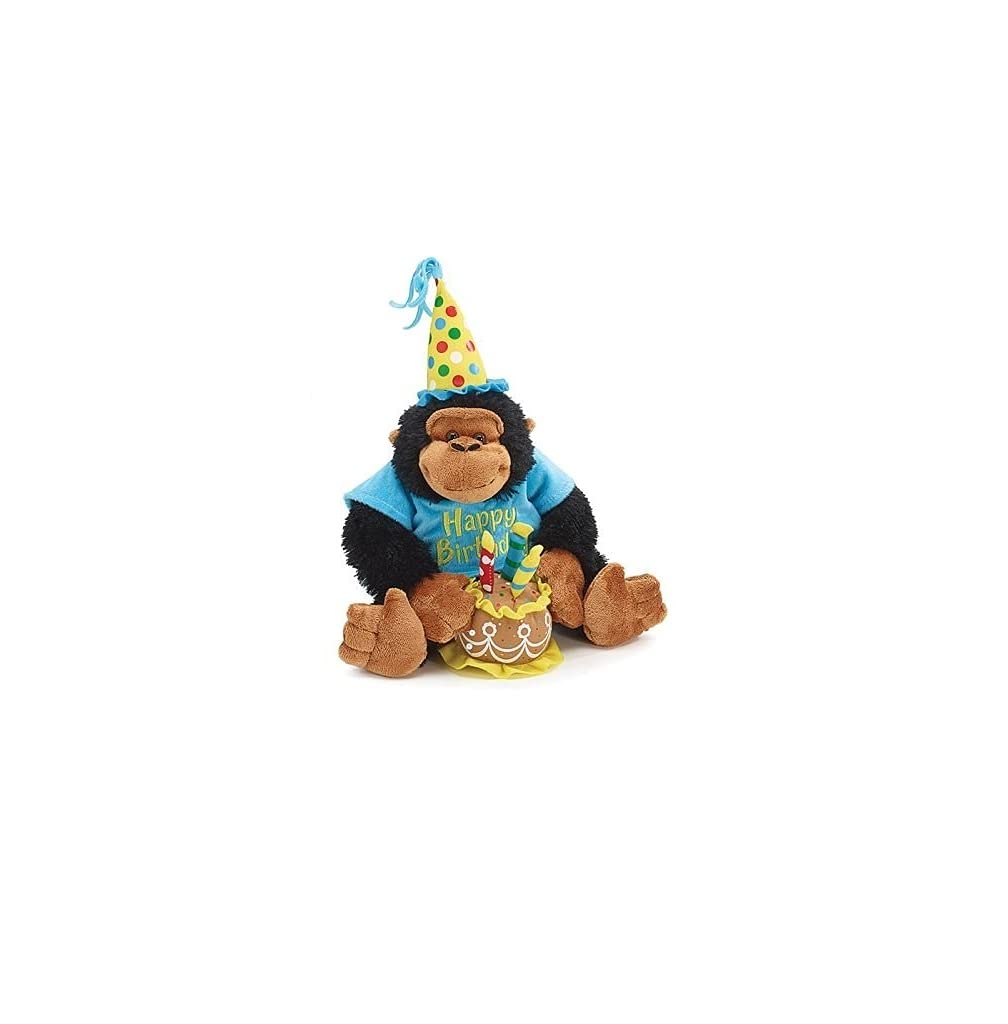 burton+BURTON Happy Birthday 12-inch plush monkey with cake, soft and musical gift for celebrations.
