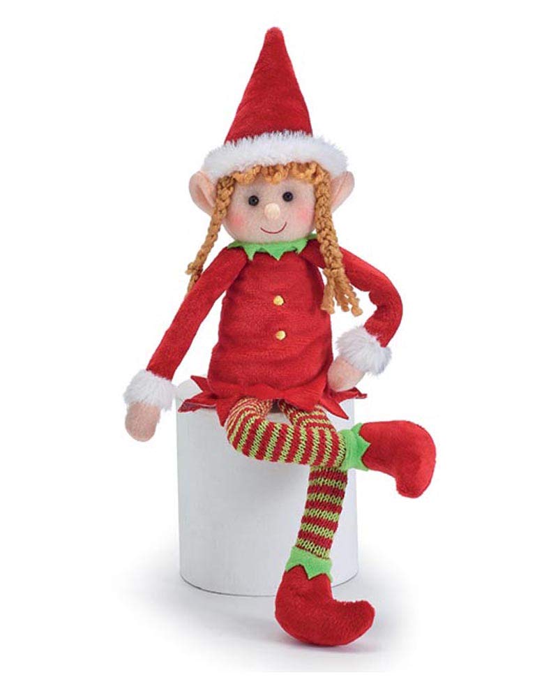 Burton plush Christmas girl elf wearing red dress with faux fur trim, festive home decor