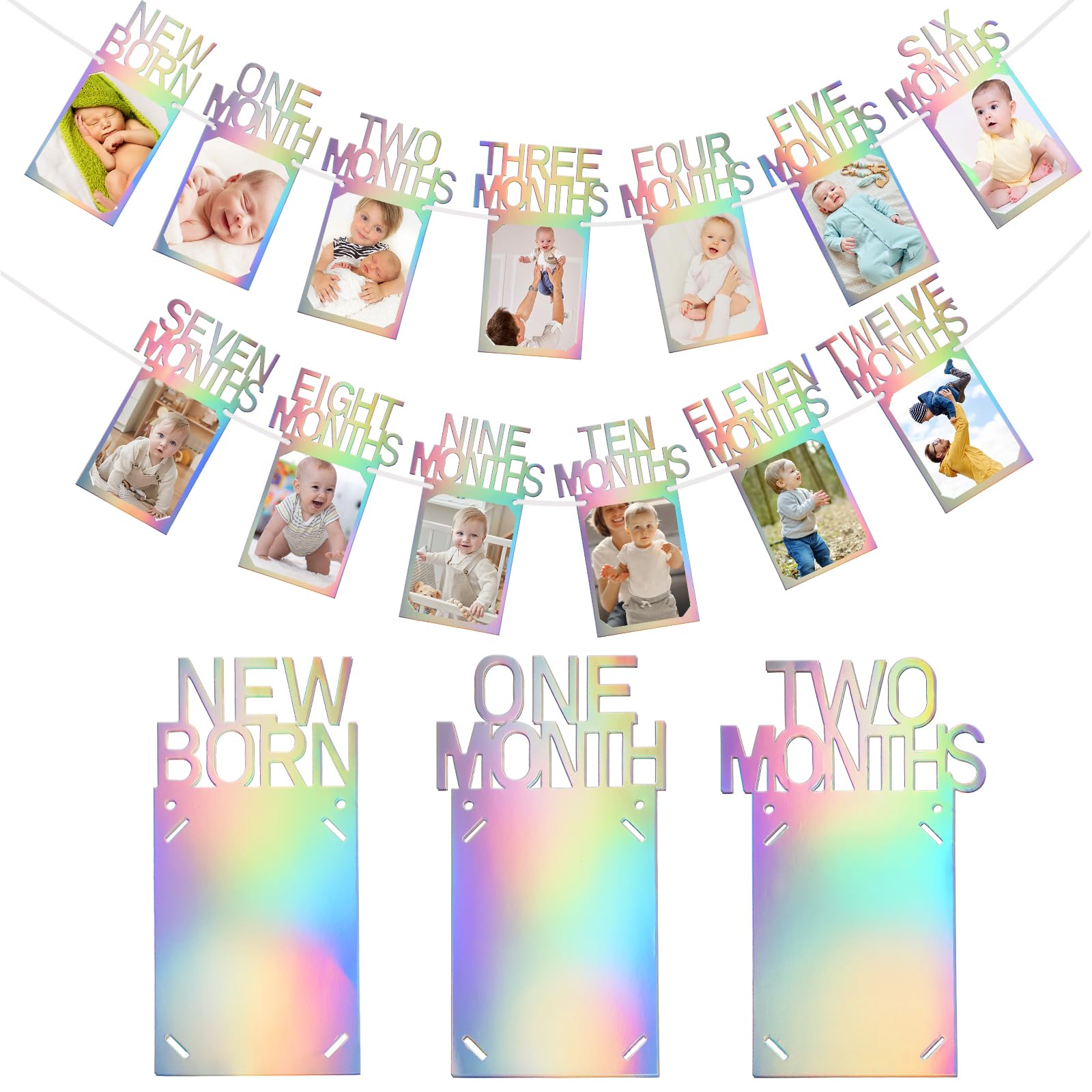 Buryeah unicorn-themed photo banner frames display newborn to 12-month milestones in the nursery.