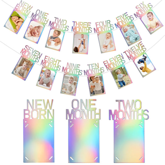 Buryeah unicorn-themed photo banner frames display newborn to 12-month milestones in the nursery.