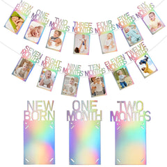 Buryeah unicorn-themed photo banner frames display newborn to 12-month milestones in the nursery.