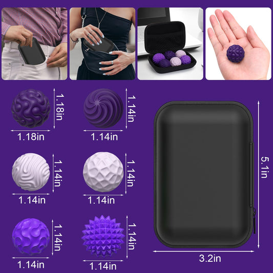 BUSOHA silicone fidget ball textures showing six unique surfaces