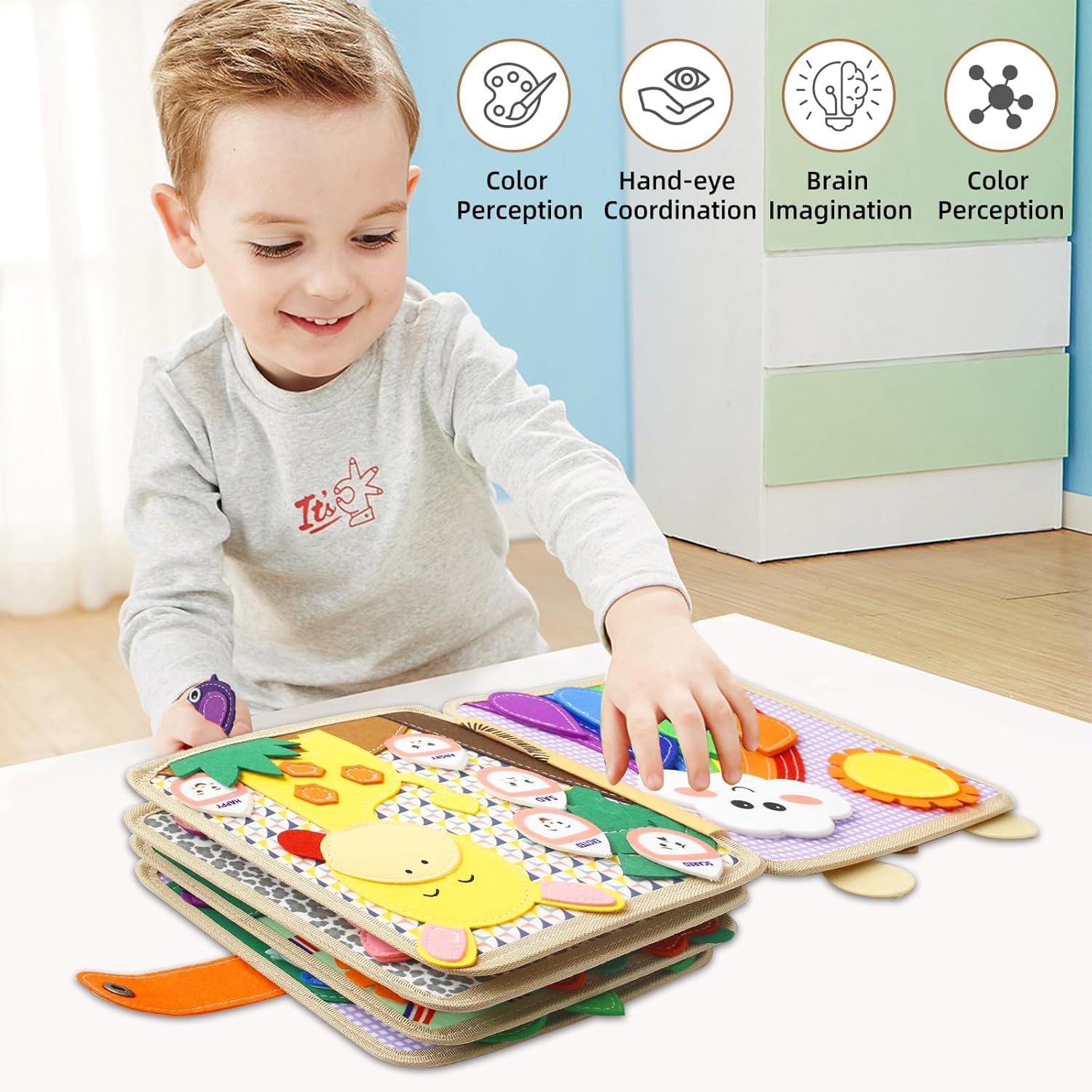 Busy Board stitching elements encourage focus and safe manipulation