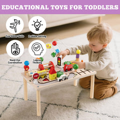 Busy edition toddler rattle table with soft textures for sensory exploration